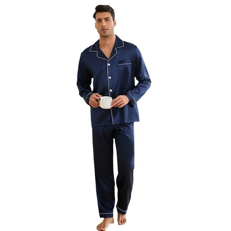 Men Two Piece Pajamas Set Sleepwear Autumn New Long Sleeve Trouser Pijamas Suit Basic Satin Home Clothes Loose Loungewear