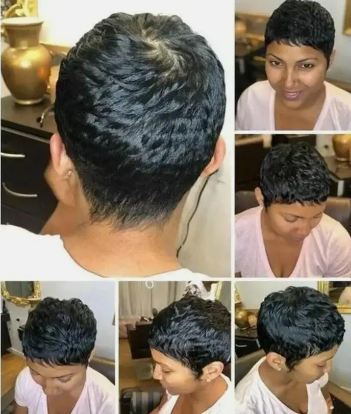 100% Echthaar Pixie Cut Nonelace Perücke schwarz Kurzwellen Perücken sexy Party volle Perücke