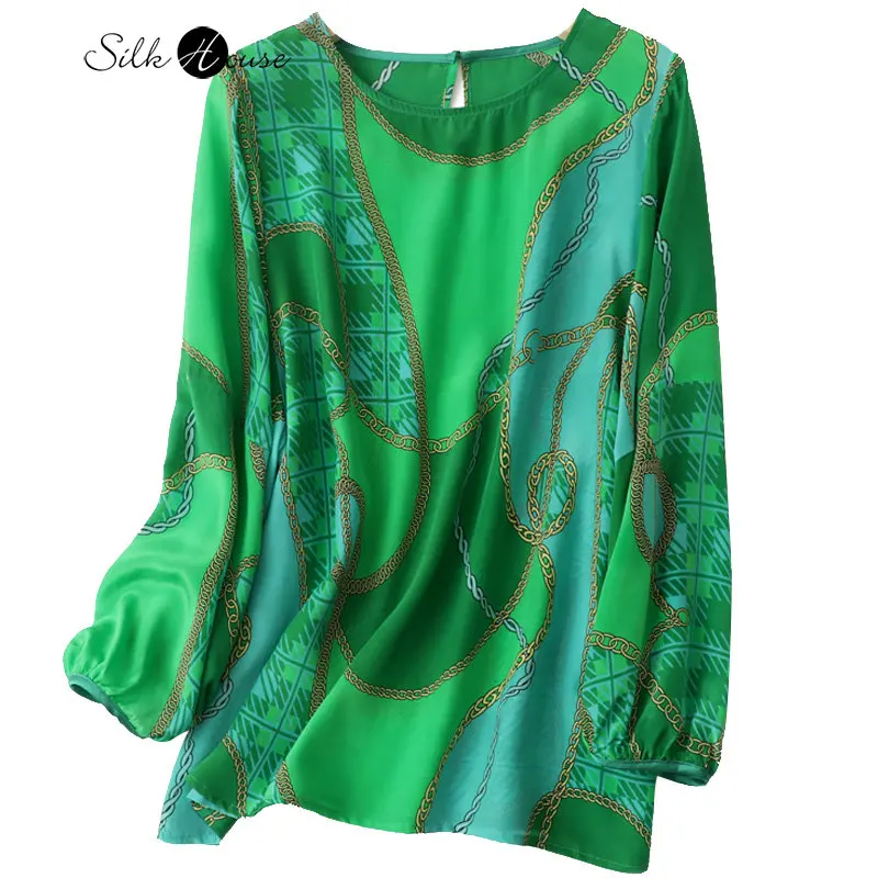 2023 Spring/Summer New Silk Shirt Round Neck Temperament Three-quarter Sleeve Shirt Silk Printed Women's Fashion Shirt