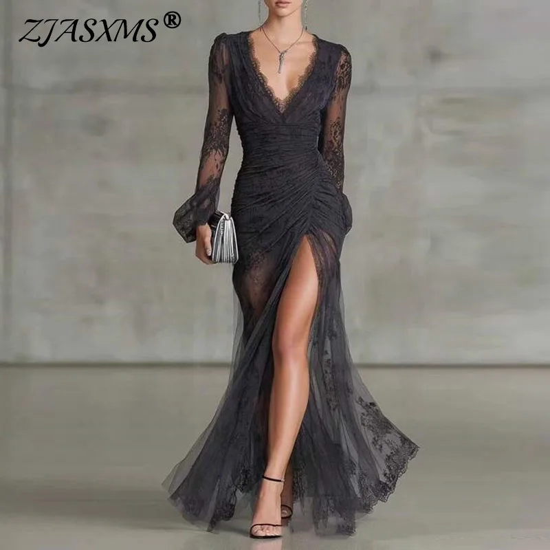 Damen Maxikleid aus Spitze und Tüll, einfarbig, mit tiefem V-Ausschnitt, langen ausgestellten Ärmeln, gerafftem Bodycon-Schnitt, hohem Schlitz, Meerjungfrauen-Schnitt, formelles Abendkleid für