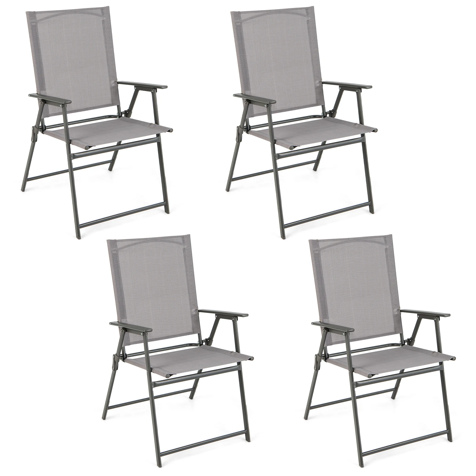 4pcs Patio Folding Portable Dining Chairs Metal Frame Armrests Outdoor Grey