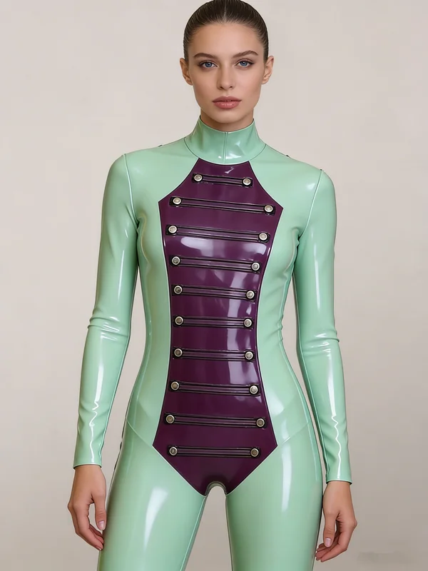 

Премиальный латексный комбинезон для косплея и Хэллоуина – сине-фиолетовый контрастный комбинезон с высоким воротником, закрывающий все тело.