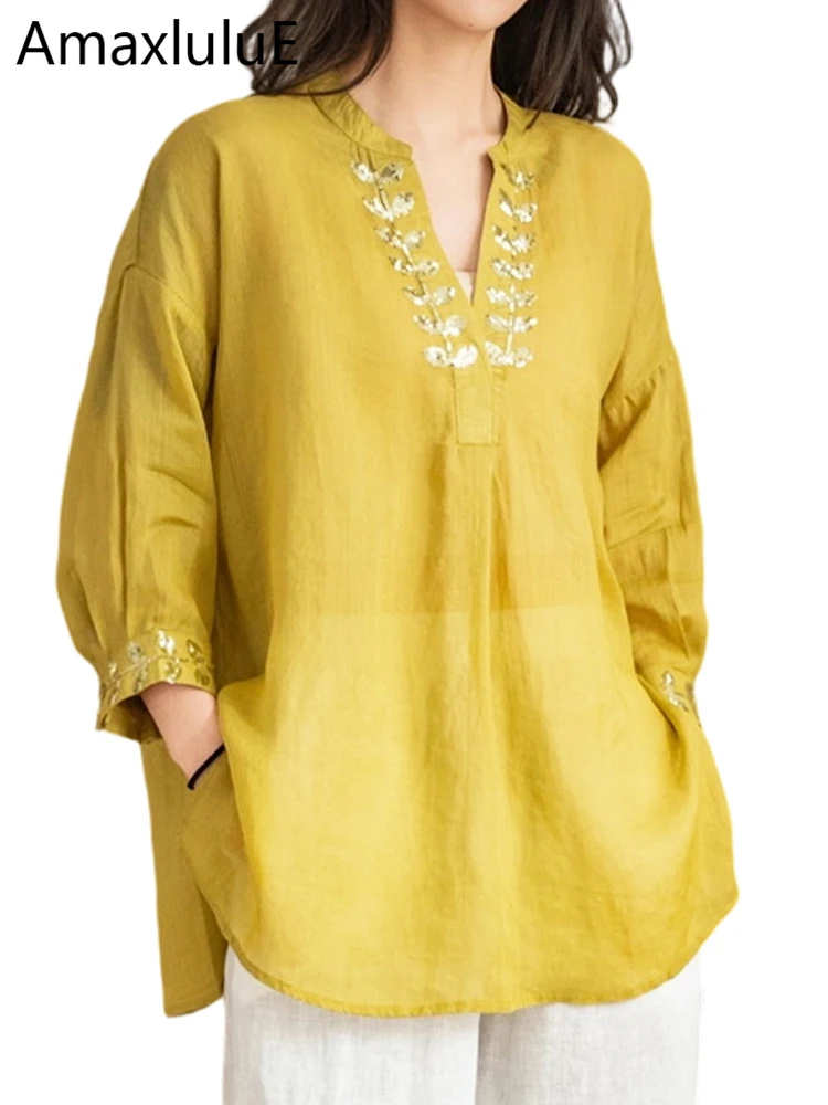 

Amax LuluE 2026 Винтажные повседневные льняные рубашки, женские летние модные свободные блузки с цветочным принтом, элегантные классические топы в корейском стиле