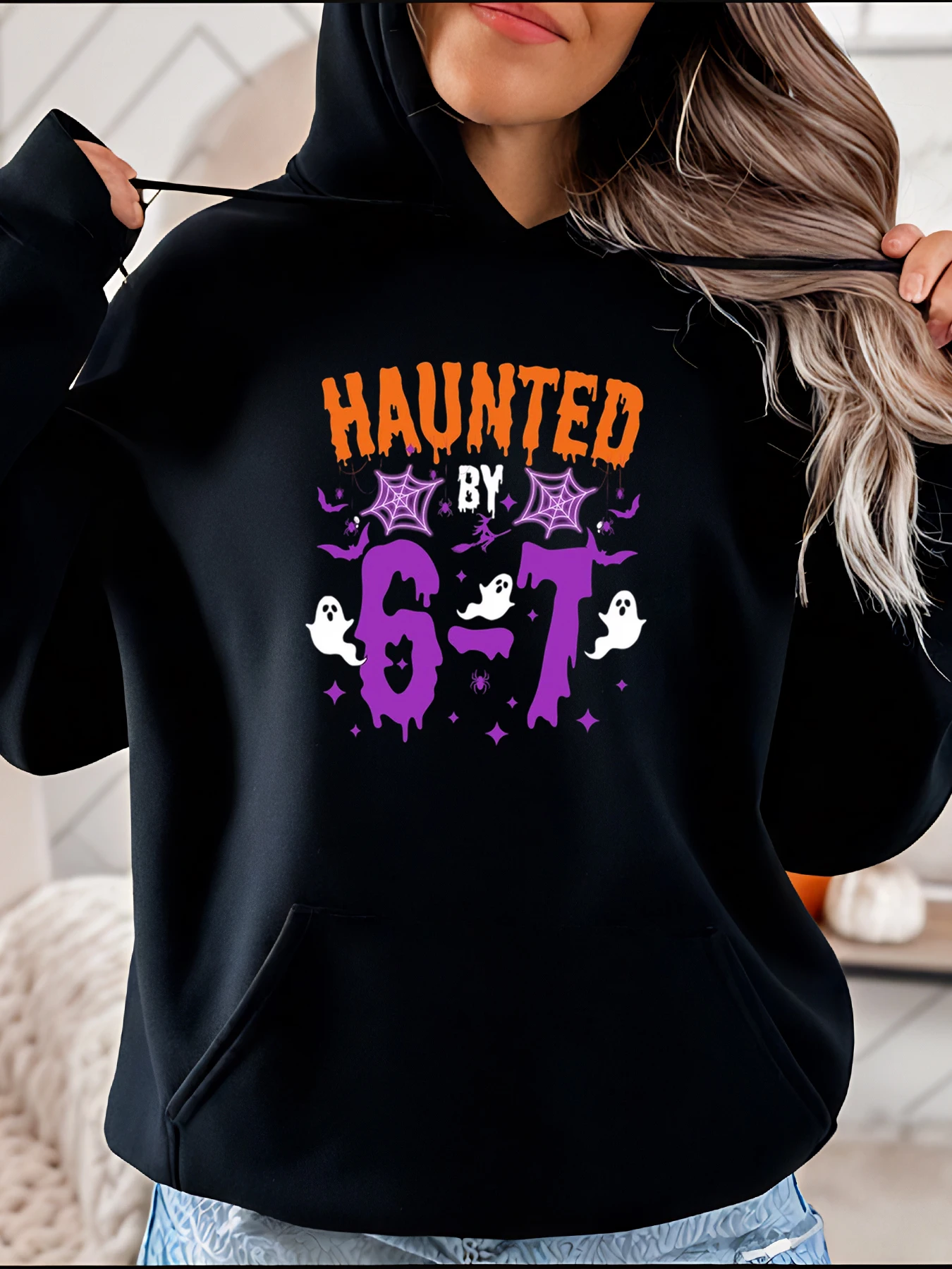 Damska bluza z kapturem na jesień i zimę z nadrukiem pajączego sítca i duchów na Halloween, idealna dla dziewczyn.