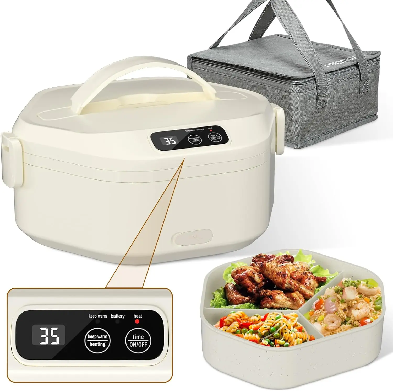 

Cordless Electric Lunch Box, 1L Heated Lunch Box, 16000mAh Battery Powered, Fast Heating, 3-Compartment Tray, Portable for