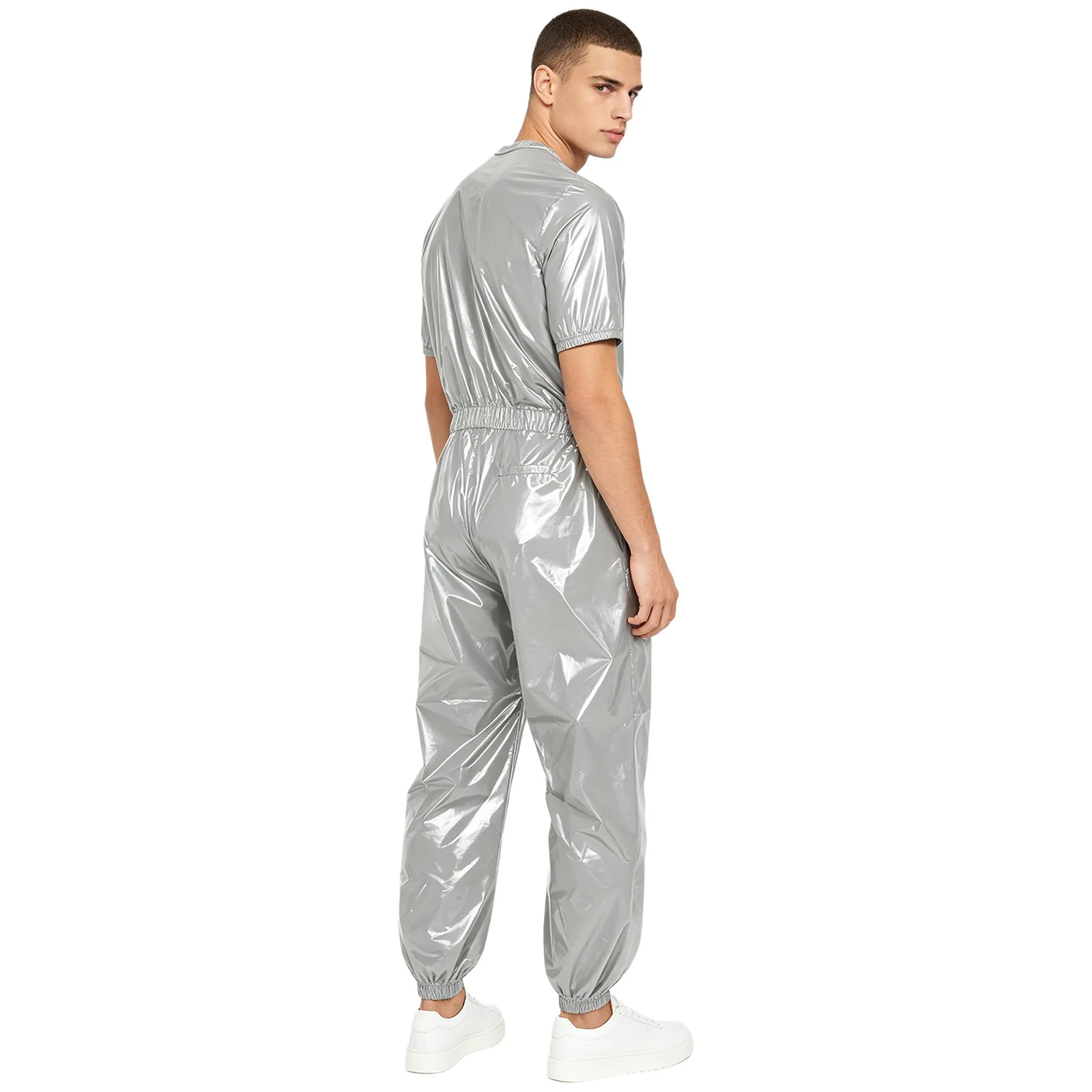 Mens Waterproof One Piece Unitard Jumpsuit Front Zipper Elastic Waist Side Pockets Jogging Pants Romper Raincoat Sauna Tracksuit view 2