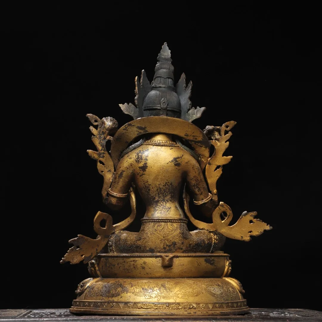 Old Bronze Gilded Cinnabar Mud gold Green Tara Sitting Buddha Lotus Buddha Terrace Amitabha Study screen Town house