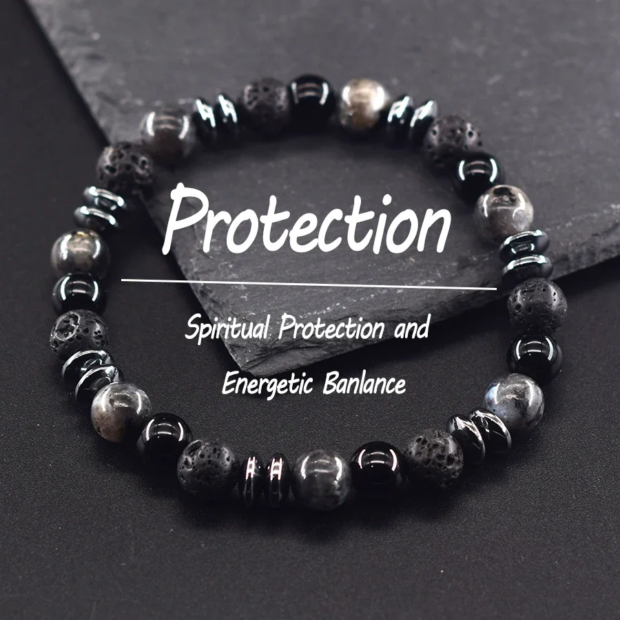 Classic Black Natural Labradorite Volcanic Stone Beads Bracelet Women Men Spiritual Protection and Energetic Banlance Jewelry