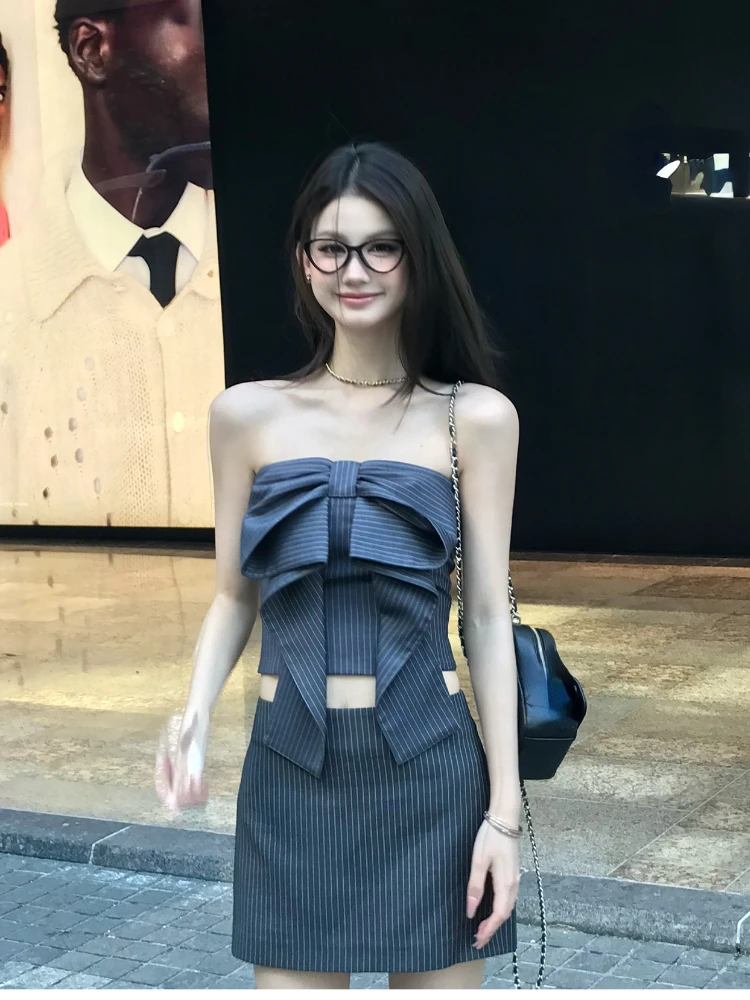 2024 Women Harajuku Y2k Elegant Skirt Sets Striped Two Piece Suit Vintage Sleeveless Crop Tops A-Line Slim Y2k Mini Skirt 2000s