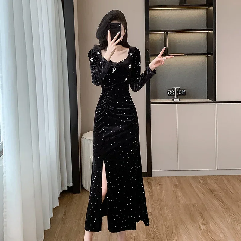 High Quality Velvet Dresses Women Black Retro Diamond Inlay V-neck Sexy Dot Fashion Vestido Feminine French Elegant Prom Dress