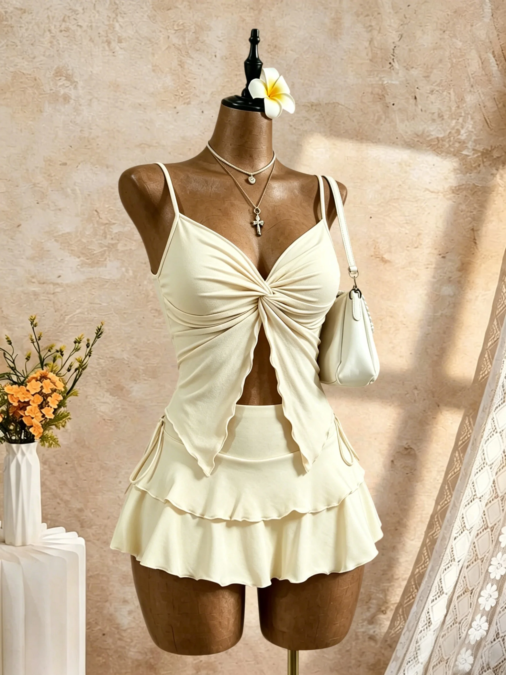 2 Pcs Women Spaghetti Strap Twist Cutout Cami Top Tiered Ruffle Mini Skirt Set Solid Cream White Slim Fit Summer Beach Vacation image 5