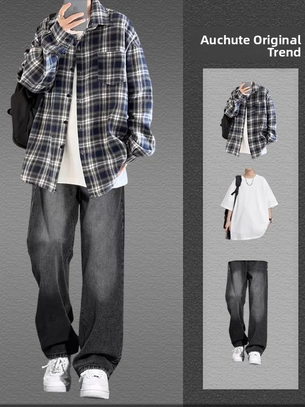 

Japanese Plaid irt Men's Spring Autumn Set Trendy Brand Tee-piece Set Teenager Thin irt Early Autumn Set Long Sve Lo...