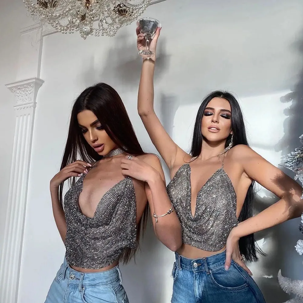 Brilliant Rhinestone Backless Party Crop Top Women 2023 Summer Glitter Evening V Neck Diamonds Metal Tank Tops