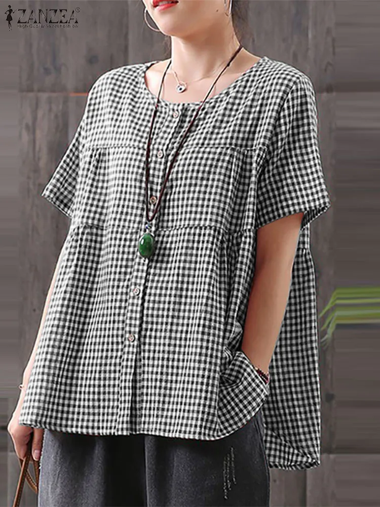 

ZANZEA 2024 Summer Grid Print Blouse Women Fashion Short Sleeve Shirt Elegant OL Work Tops Casual O Neck Button Up Blusas Tunic