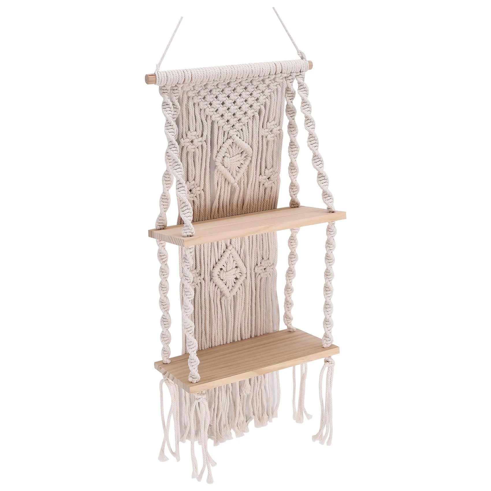 A23E-Handmade Tassel Macrame Wall Hanging Shelf Boho Cotton Rope Woven Tapestry Plant Hanger Floating Shelf Home Room Decor