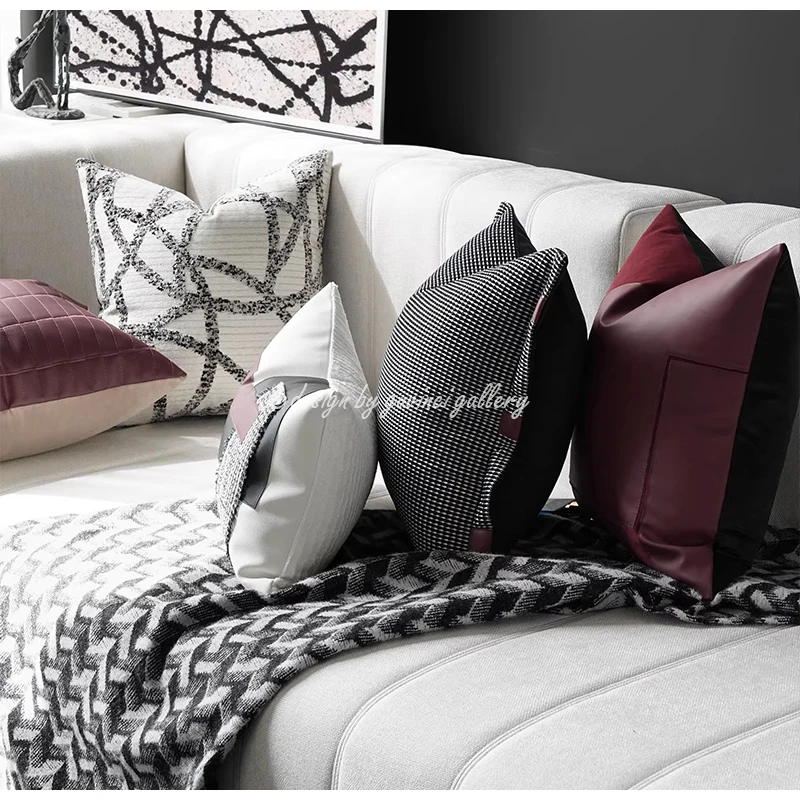 GUVINCI Contemporary Faux Leather Burgundy Pillow Cover Luxury Arc Geometry Patchwork Cushion Case Artisan Handmade Pillowcase