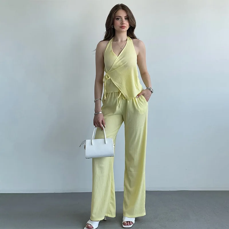 Set di pantaloni a gamba dritta con tasca superiore e cintura senza maniche in puro autunno Nuovo arrivo dalla stagione commerciale