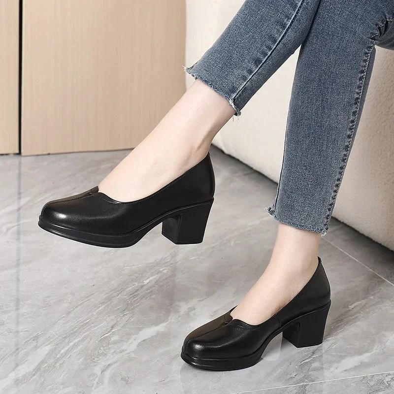 Med Square High Heels Women  New Real Cow Leather Spring Round Toe Girl Black Work Pumps Shoes For Woman A0005