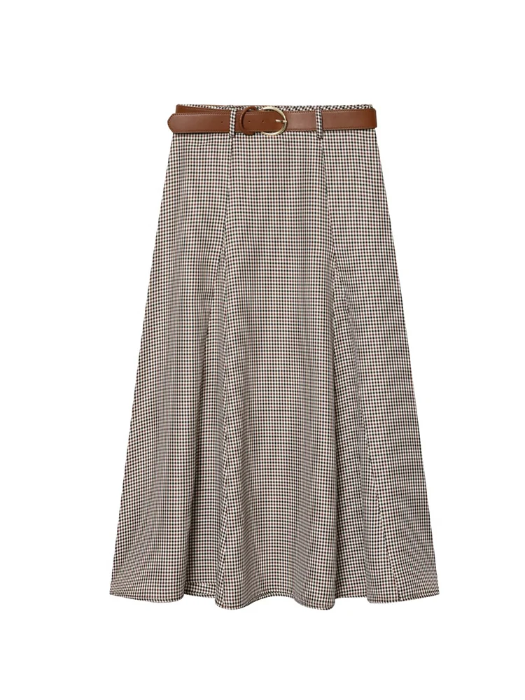 กระโปรงลายสก็อตวินเทจสำหรับผู้หญิง คอลเลคชั่นฤดูใบไม้ร่วง พร้อมเข็มขัด ดีไซน์หรูหราสง่างาม ทรงเอไลน์ ความยาวปานกลาง แฟชั่นลำลอง