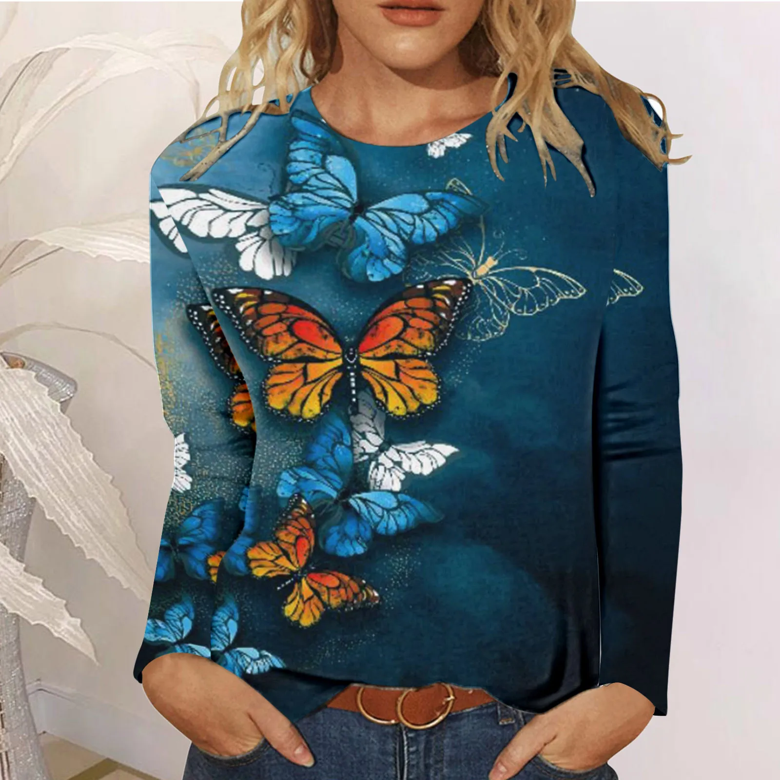 Womens Shirts Oversize Long Sleeve Blouse Sunflower Butterfly Printing Crew Neck Long Sleeve Sweatshirts Female Basic Blusas