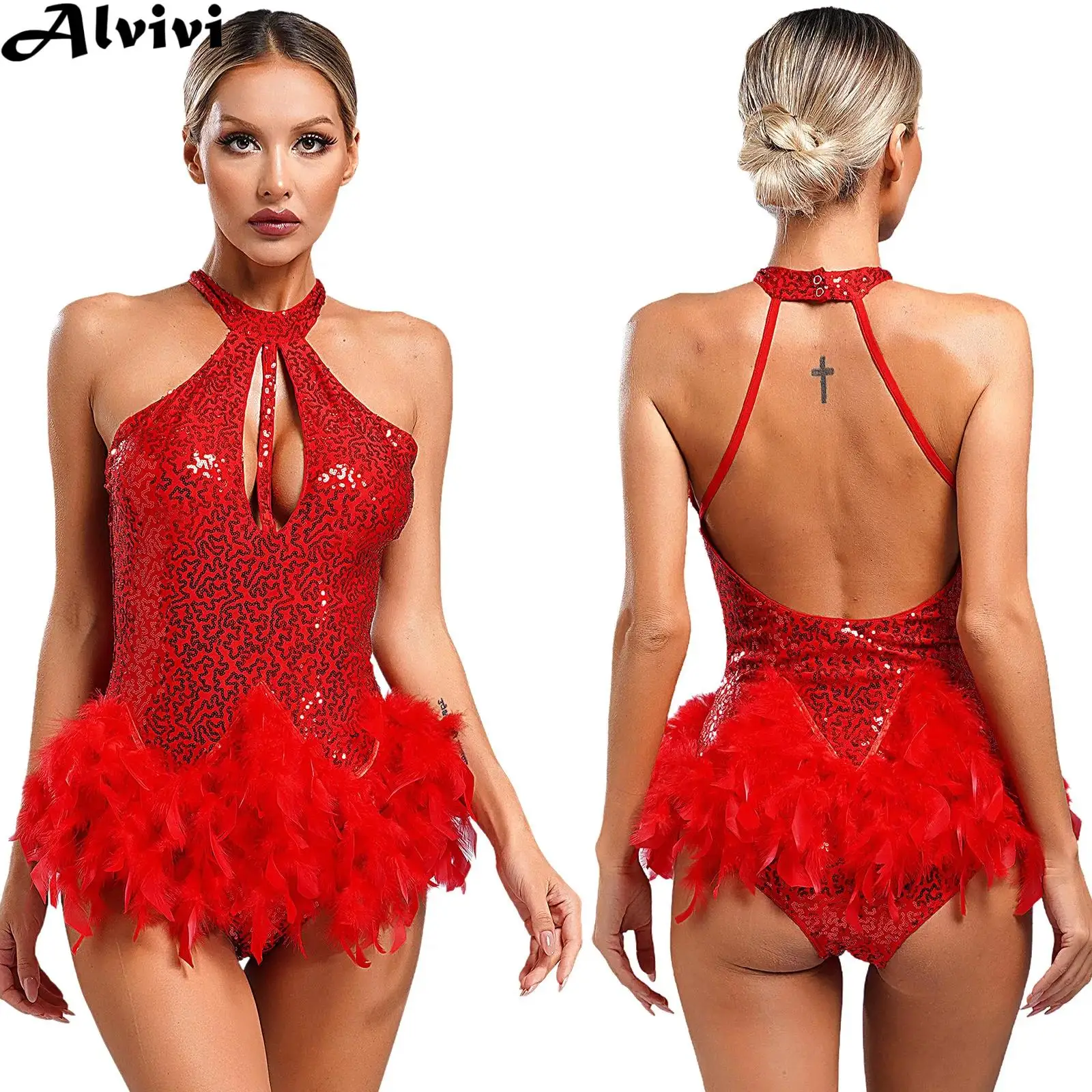 Women Latin Jazz Dance Costume Figure Skating Cha-cha Samba Rumba Tango Leotard Sleeveless Backless Sequin Feather Bodysuit