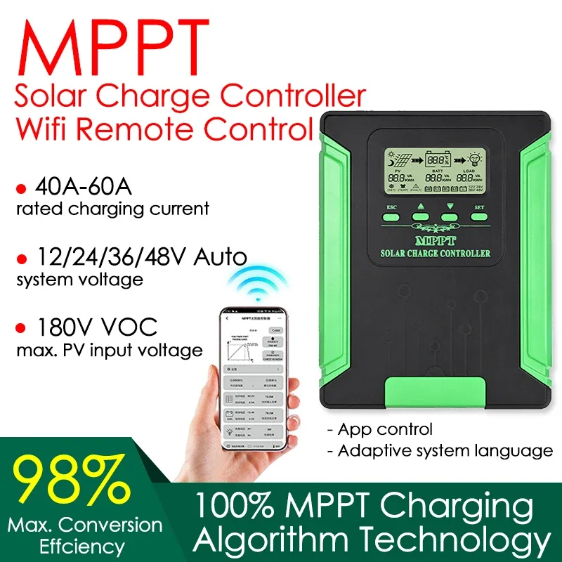 

12/24/36/48V WIFI MPPT Solar Charge Controller 40/50/60A Solar Panel Battery Regulator LCD USB for Lifepo4 Lead Acid Lithium