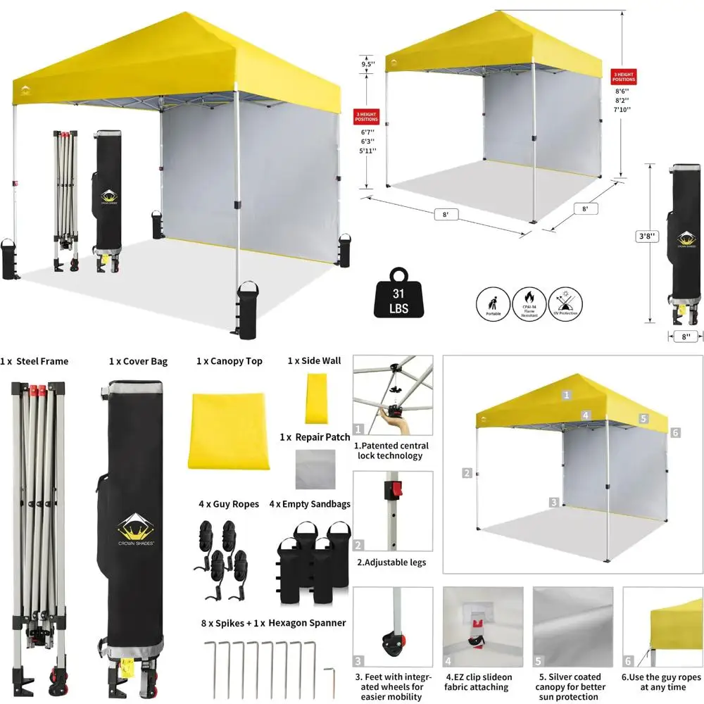 

Quick Setup 8x8 Canopy with Side Wall - Outdoor Sun Shelter for Events, Parties, Camping - Easy Beach Tent with Push Up Frame