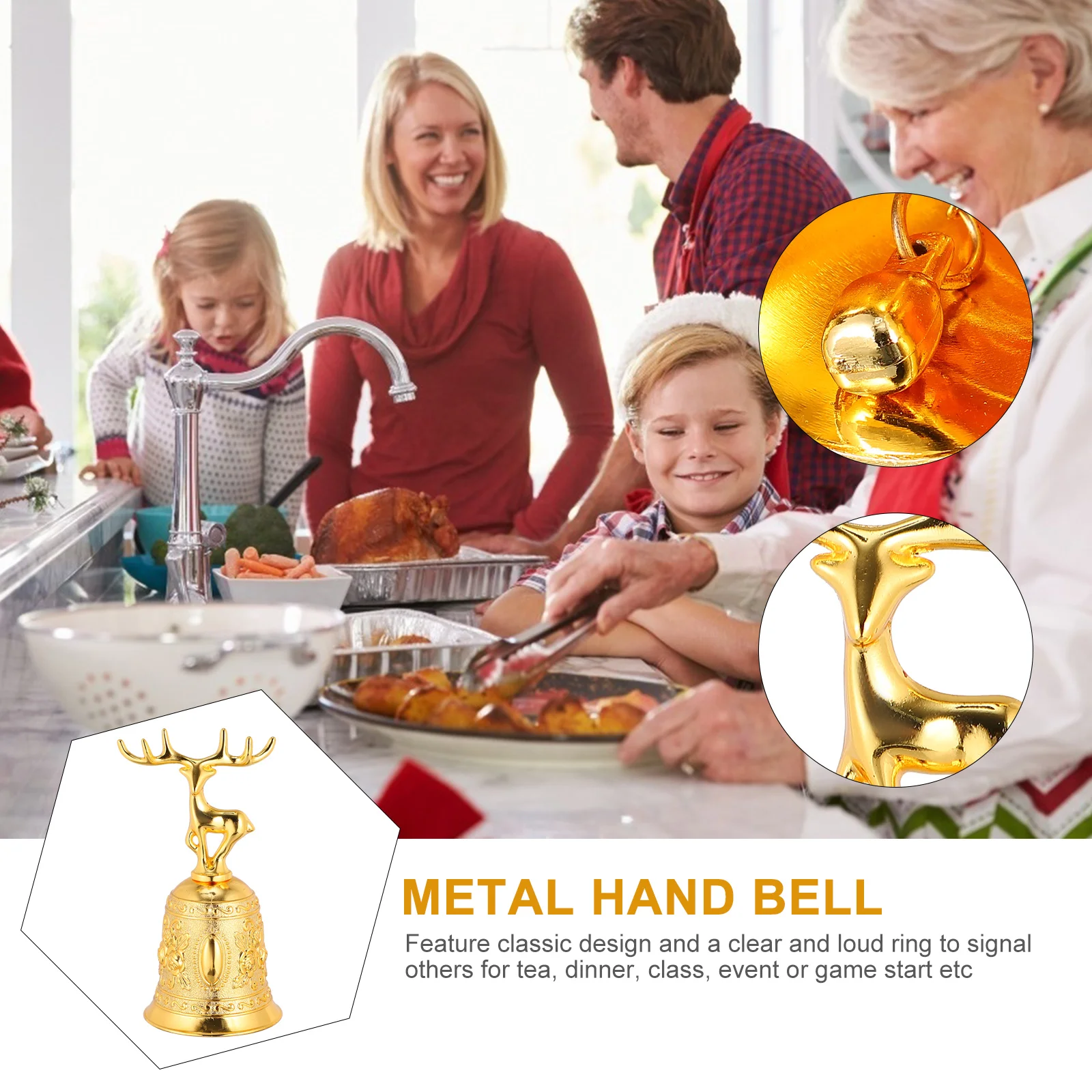 

Metal Hand Bell Golden Christmas Zinc Alloy Clear Loud Ring Signal Tea Dinner Game School Wedding Decoration