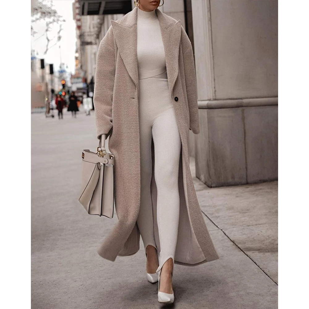 2024 Winter Women Nothched Collar Single Buttoned Fluffy Overcoat Femme Casual Long Coat Elegant Winter Jacket Fashion Outfits