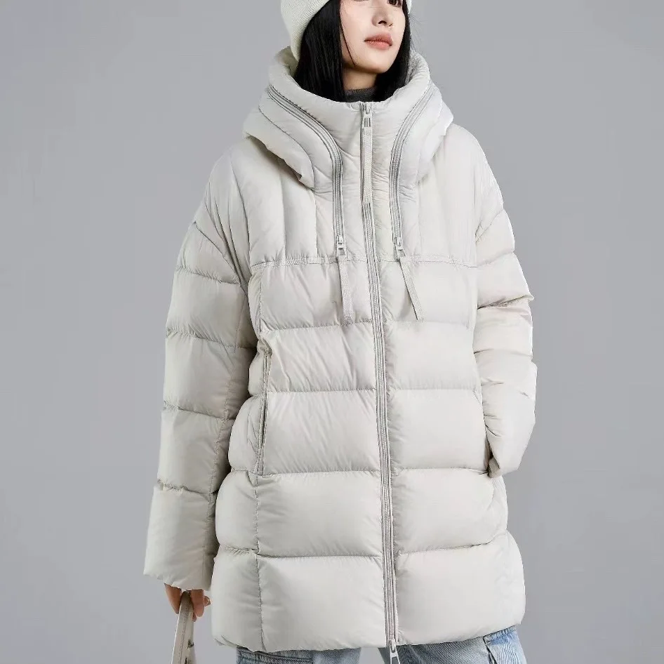 Chaqueta acolchada con capucha y cremallera para mujer, diseño elegante de invierno, chaqueta de plumón de pato blanco, Parka holgada gruesa de medio a largo
