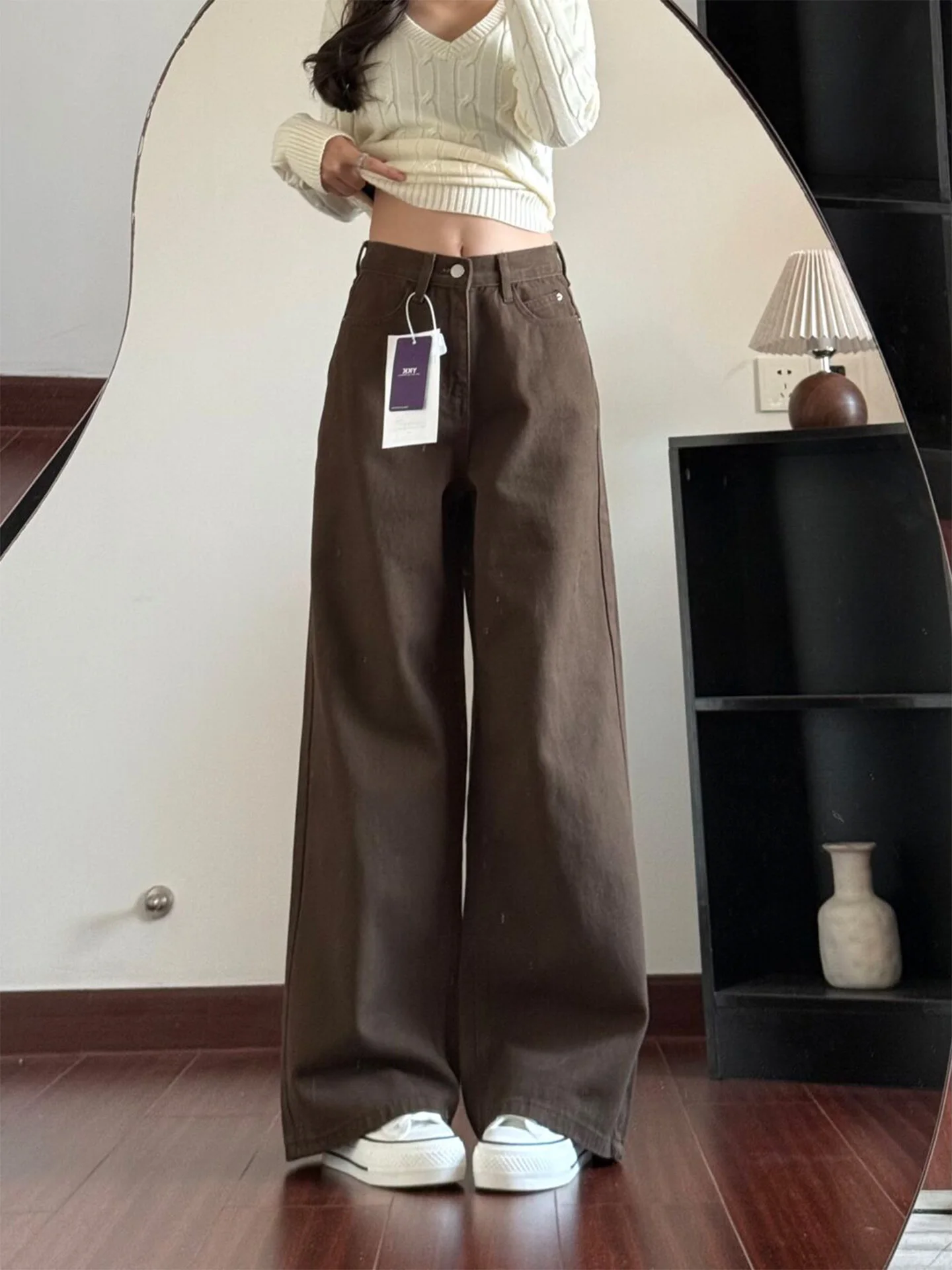 

Женские джинсовые брюки больших размеров с высокой талией, свободные широкие брюки для похудения, коричневые, кофейного цвета, зимние новые повседневные джинсы