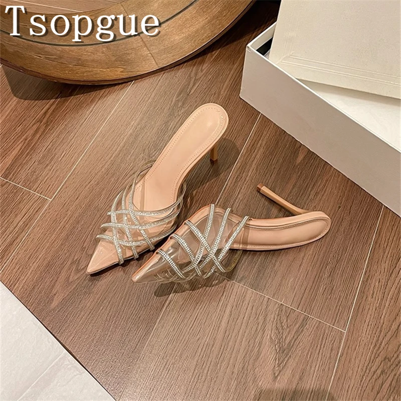 

Transparent Pvc Rhinestones Women Sandals Summer New Pointed Cover Toe Thin Heel Slippers Ladies Wedding Party Shoes