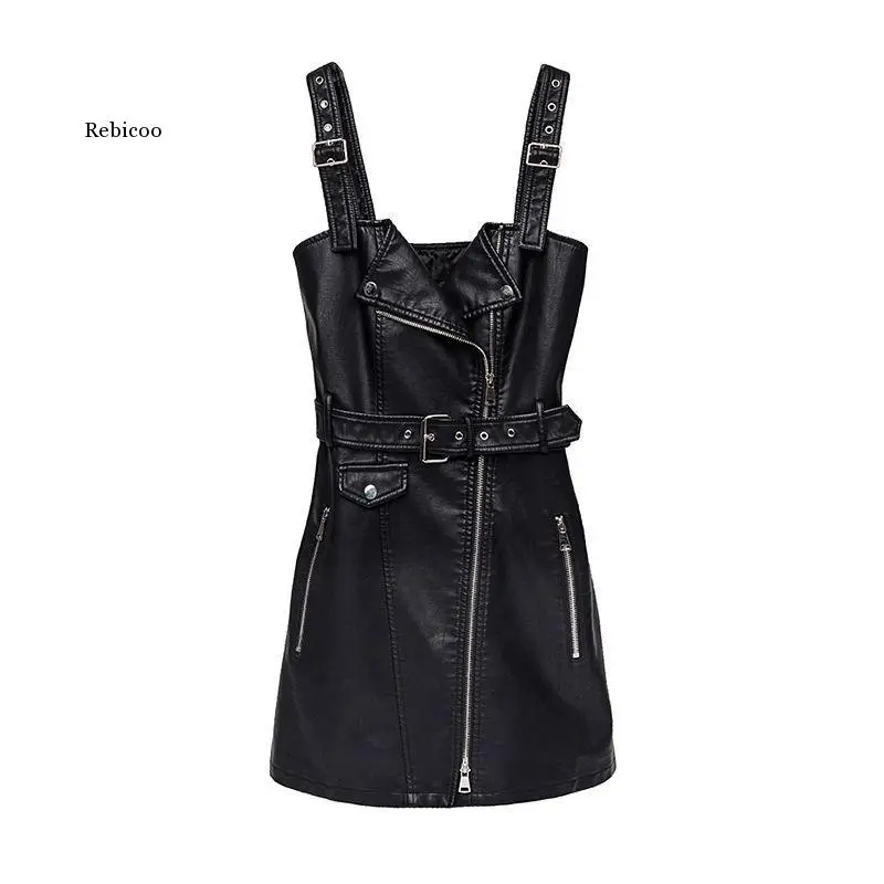 Faux Leather One Shoulder Sexy Dress Women V-neck PU Belt Bodycon Ladies Mini Dresses Strapless Zipper Female New