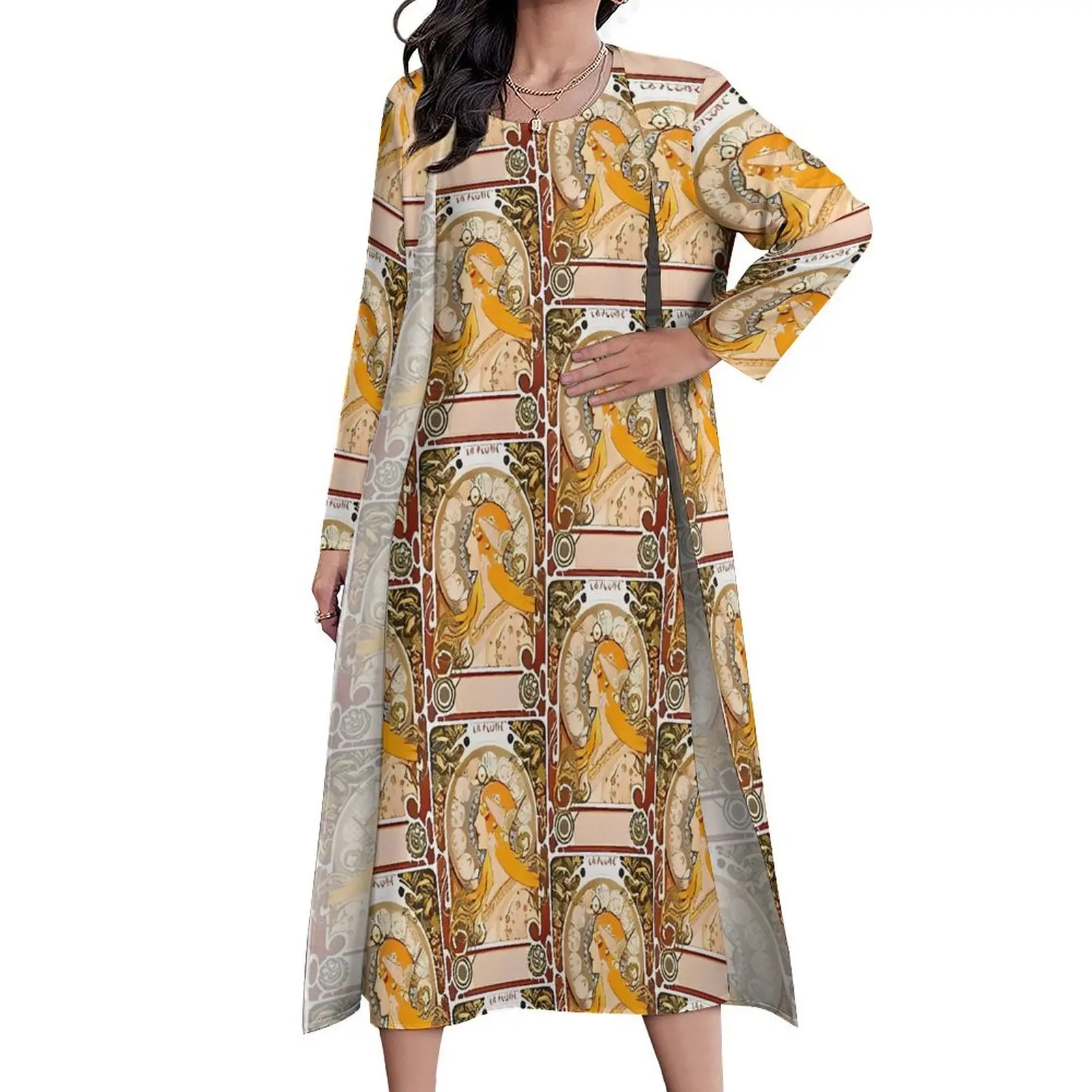 Art Nouveau Alphonse Dress Maria Mucha  Zodiaque Modern Maxi Dress Two-Piece Bohemia Long Dresses Streetwear Oversized Clothes