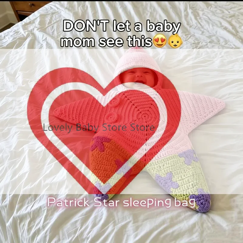 【bs】new-hand-crochet-patrick-star-baby-sleeping-bag-soft-warm-cute-hood-for-newborn-napping-photo-daily-use