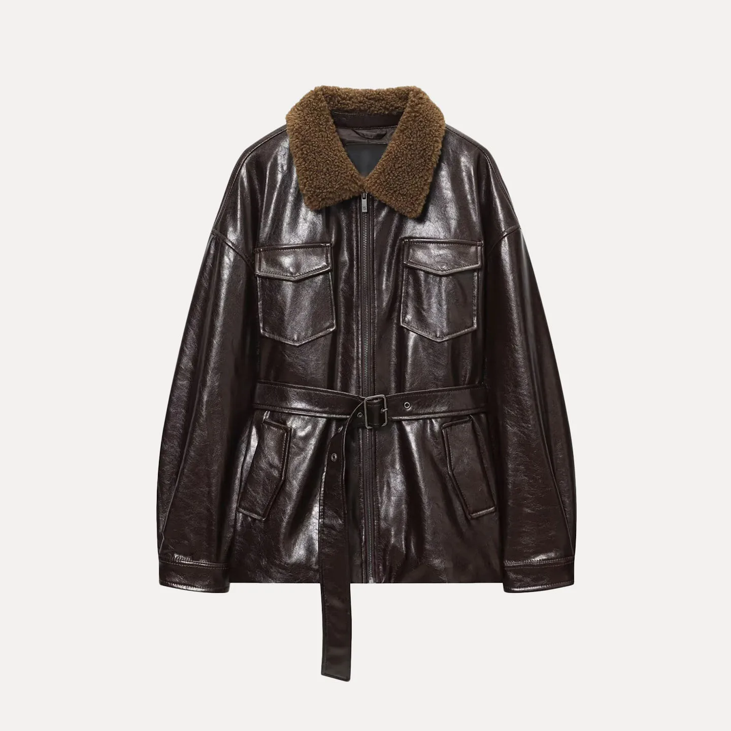 2025年秋新作 レディース Jaet 424 個性的な雰囲気 多用途 コーティングボタン留め クリップ付き ロング丈 レザーコート