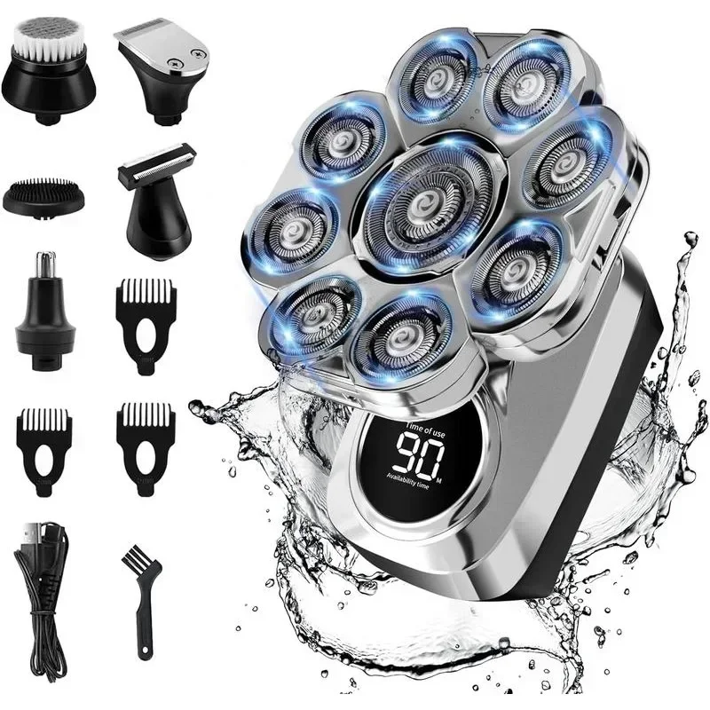 Detachable Razor.6 in 1.Smoother shaving.Suitable for bald men.Wet and dry 9D rotary shaver grooming set.Type-C charger (A)