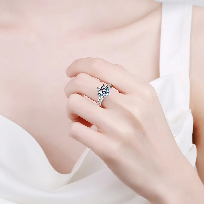 คลาสสิก 18K สีขาวทองจริง 3ct Moissanite เพชรงานแต่งงานแหวนผู้หญิง Round Brilliant Solitaire หมั้นแหวนสาวของขวัญ