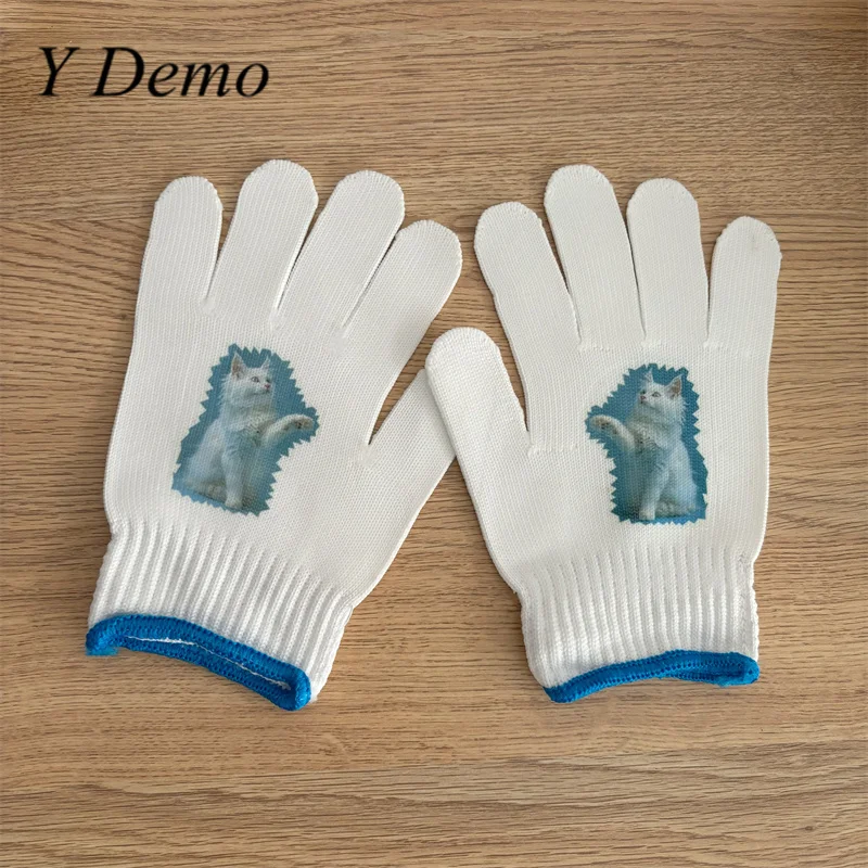 

Y Demo 1 Pair Y2k Cute Cat Printing Women's Finger Gloves Outerdoor Labor Glove Streetwear