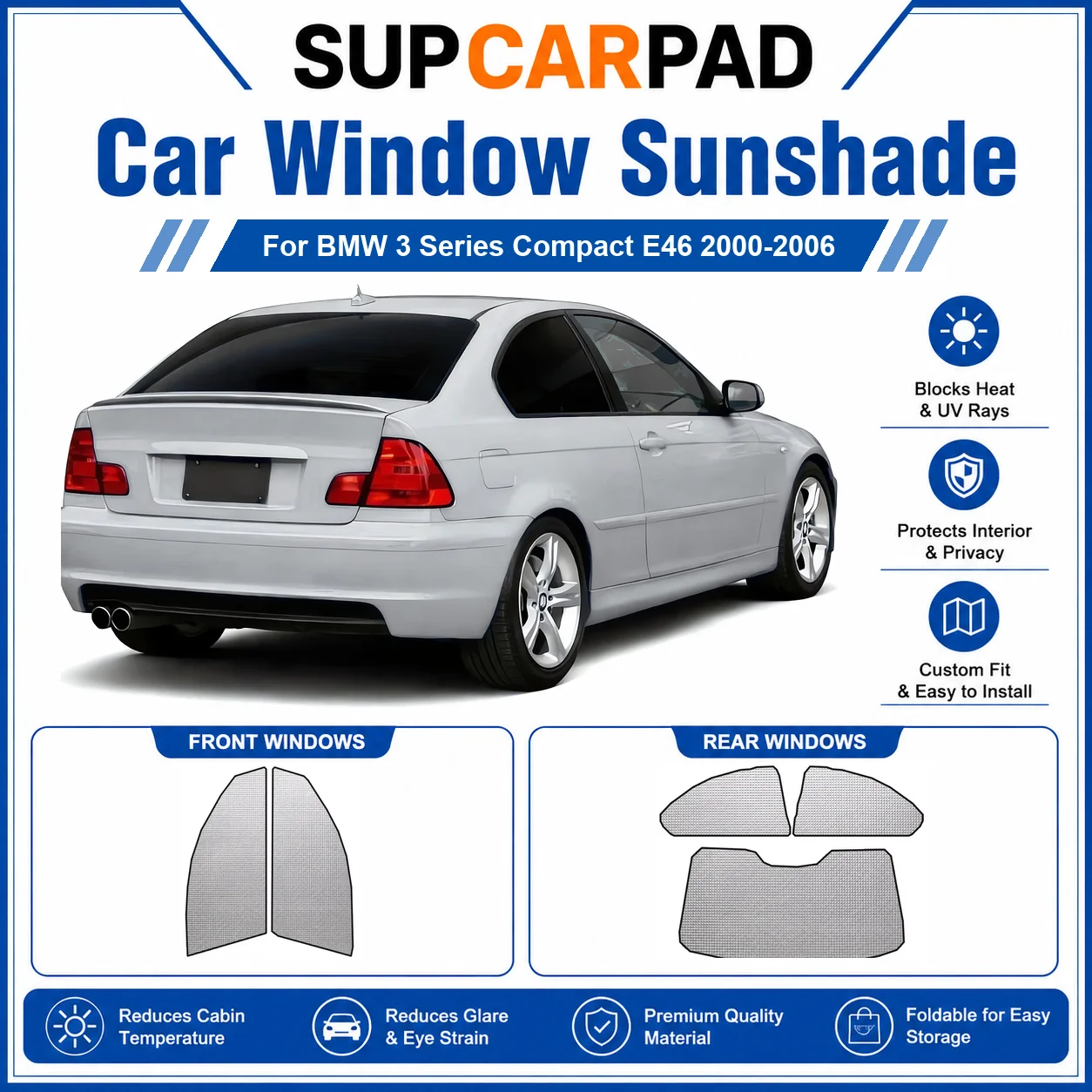 For BMW - BMW 3 Series Compact E46 2000-2006 Full Set Car Window Sunshades UV Block Privacy Heat Insulated Foldable Car Curtain