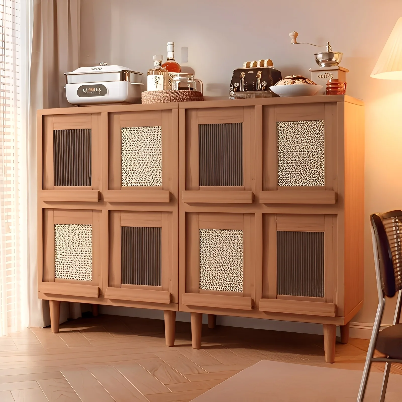 

Solid wood dining side cabinet, living room, large-capacity multi-layer storage cabinet, locker, lattice cabinet, integrated