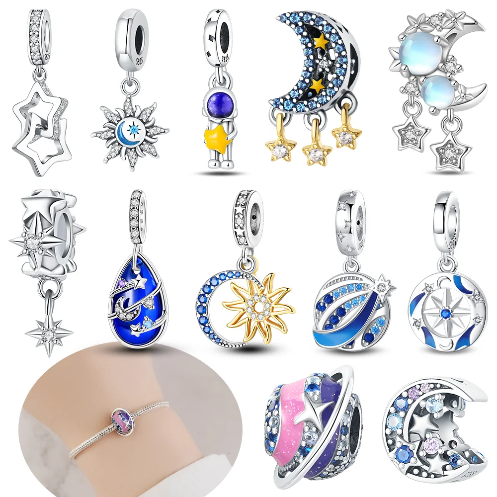 

925 Sterling Silver Certified Original Charm Colored Planet Moon Sun Pendant Blue Stars Bead Fit Bracelet Women Jewelry Gift Diy