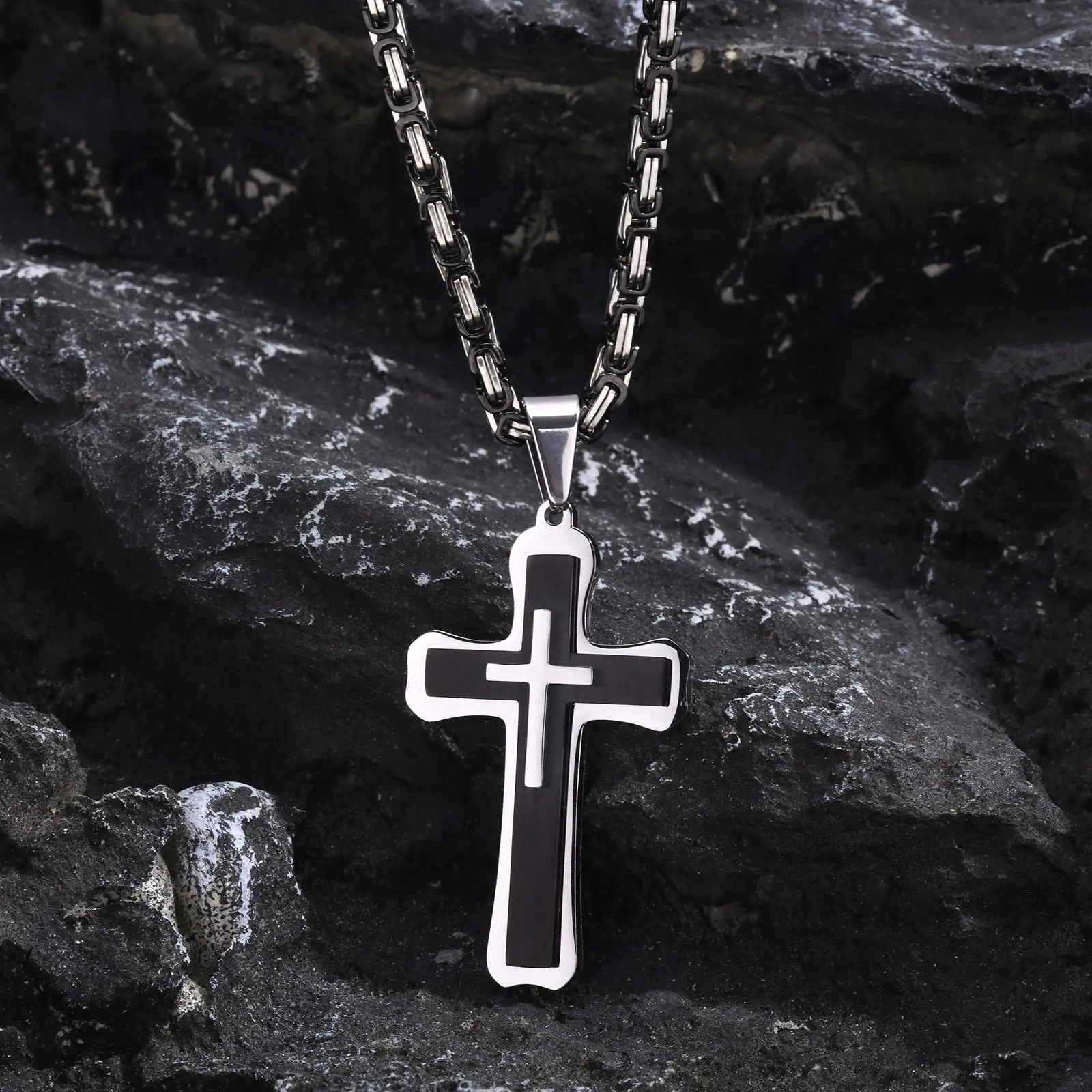 MP Heavy Cross Necklaces for Men Boys,Retro Byzantine Link Chain Necklace,Two Tones Pendant Necklace,Prayer Jewelry