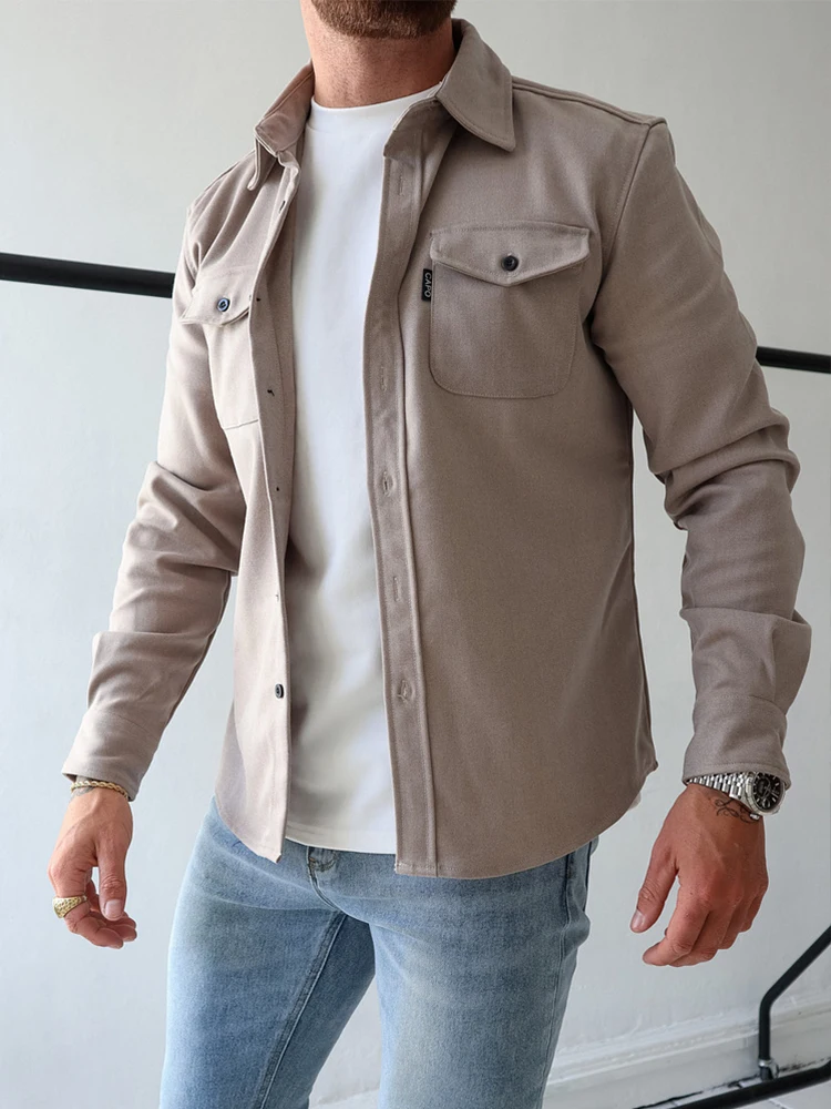 

Men Autumn Winter New European American Loose Casual Long Sleeved Shirt Solid Color Slim Fit Single Breasted Thick Shirt