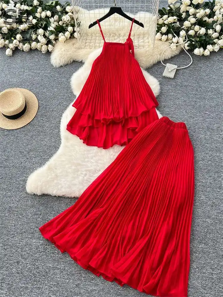 

BabYoung Sexy Pleated Chiffon Suits Women Summer Sleeveless Camisole+Elastic Waist Skirt 3D Flower Design Vacation 2Pcs Sets