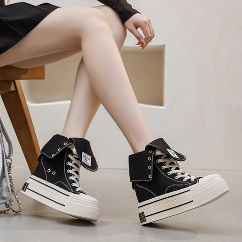 2026 12CM Skateboard Breathable Heightening Shoes Denim Women Fashion Spring Ankle Boot High Brand Platform Wedge Autumn Sneaker
