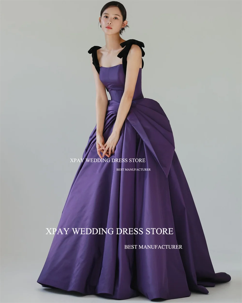 XPAY Square Neck Purple Korea Evening Dresses Customised Satin Evening Gown Photo Shoot Corset Sleeveless Birthday Party Dress