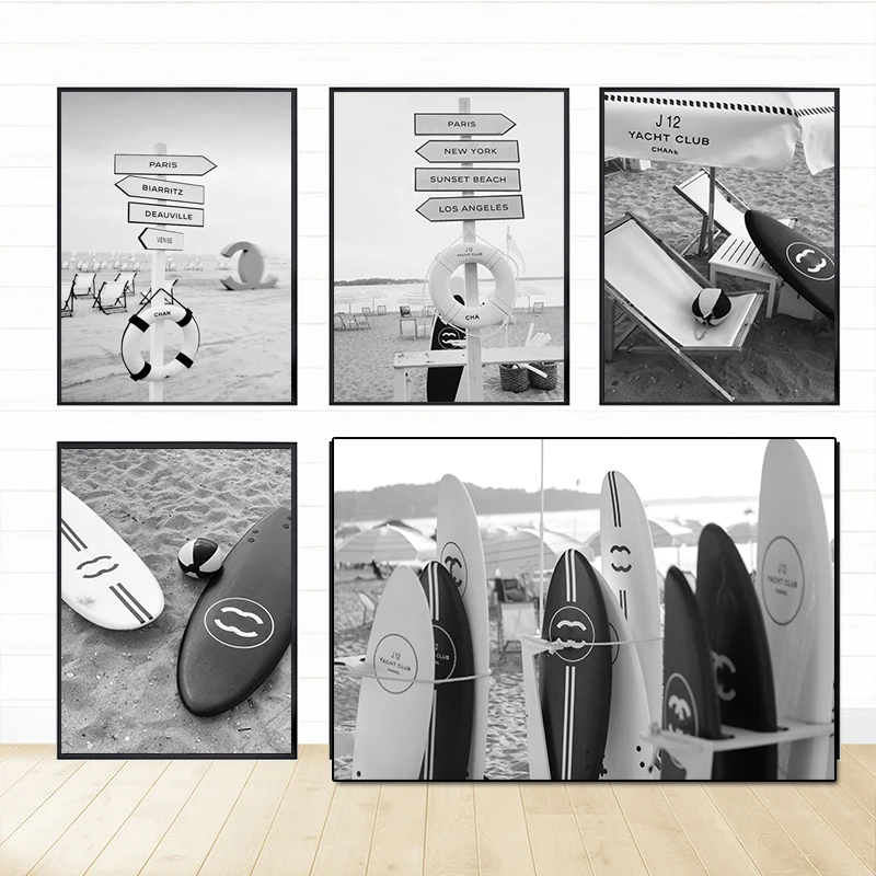 sandy beach Surfboards Black and White Luxury Poster and Prints Travel Seaside Landscape Canvas Paintings livingroom home decor