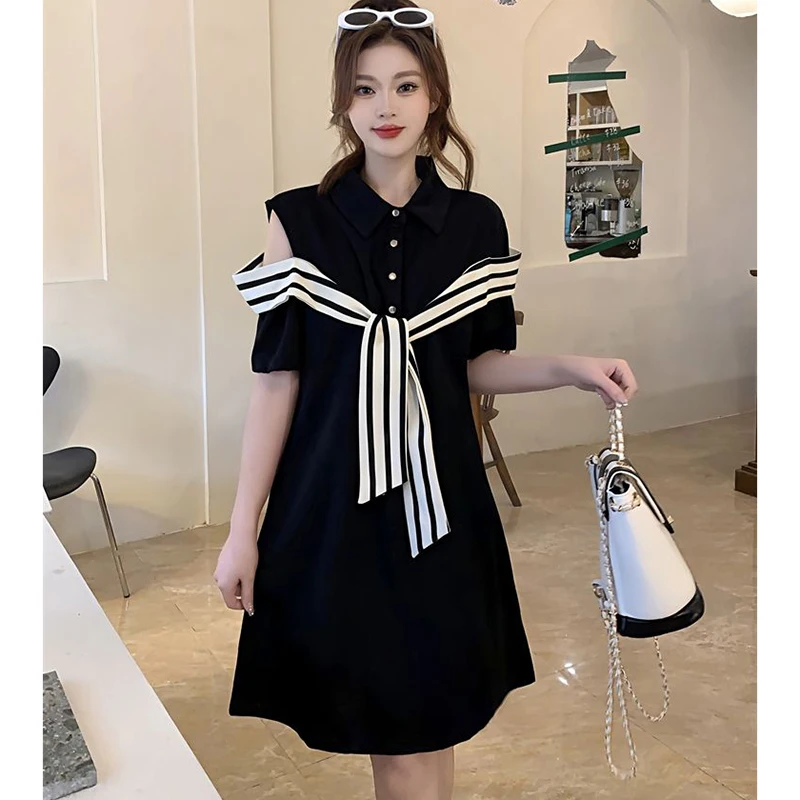 Fashion Lapel Striped Lace Up Off Shoulder Casual Dresses Female Clothing 2024 Summer New Loose All-match Short Sleeve Dress