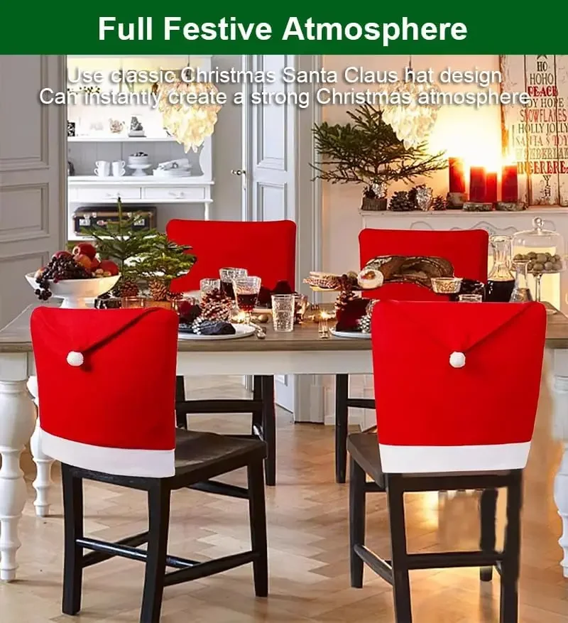 8/6/4pcs Christmas Chair Covers Red Chair Back Cover Non-woven Santa Claus Hat Slipcover for Xmas Decor Fit Armless Chairs